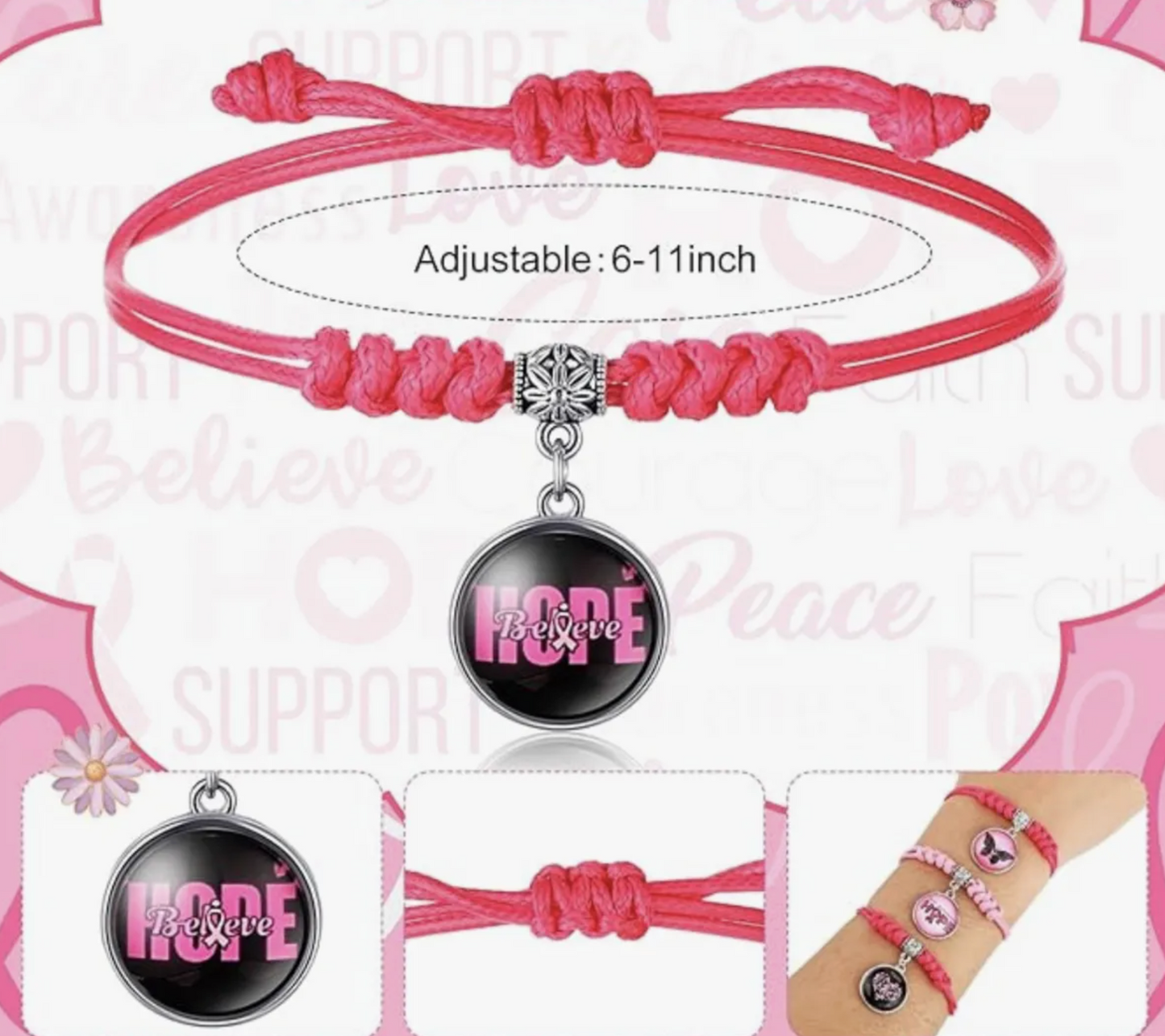 Pulsera Lazo rosa lucha contra el cancer de mama ajustable